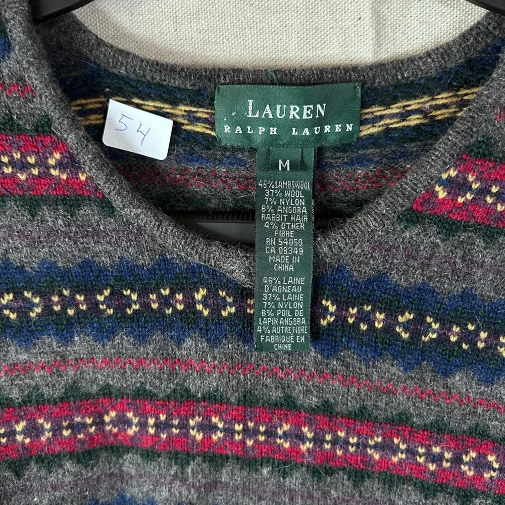 Lauren Ralph Lauren Lambswool‎ Angora Fair Isle Stripe Sweater Grey Burgundy M